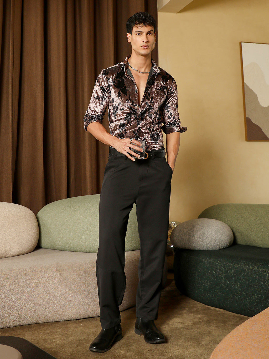 Contrast-Botanical Imprint Velvet Shirt