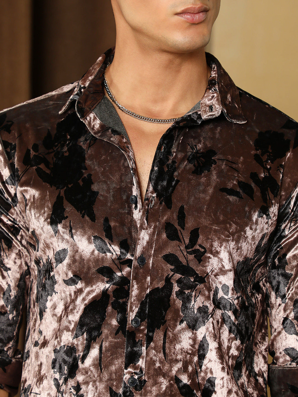 Contrast-Botanical Imprint Velvet Shirt