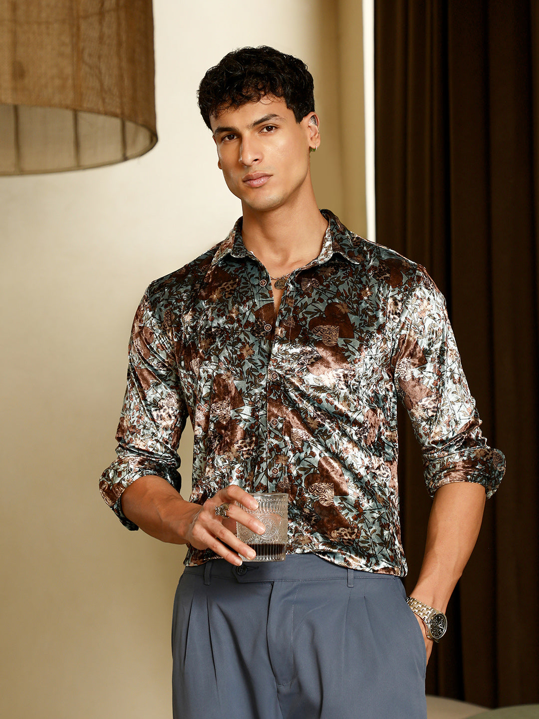 Botanical-Cluster Imprint Velvet Shirt