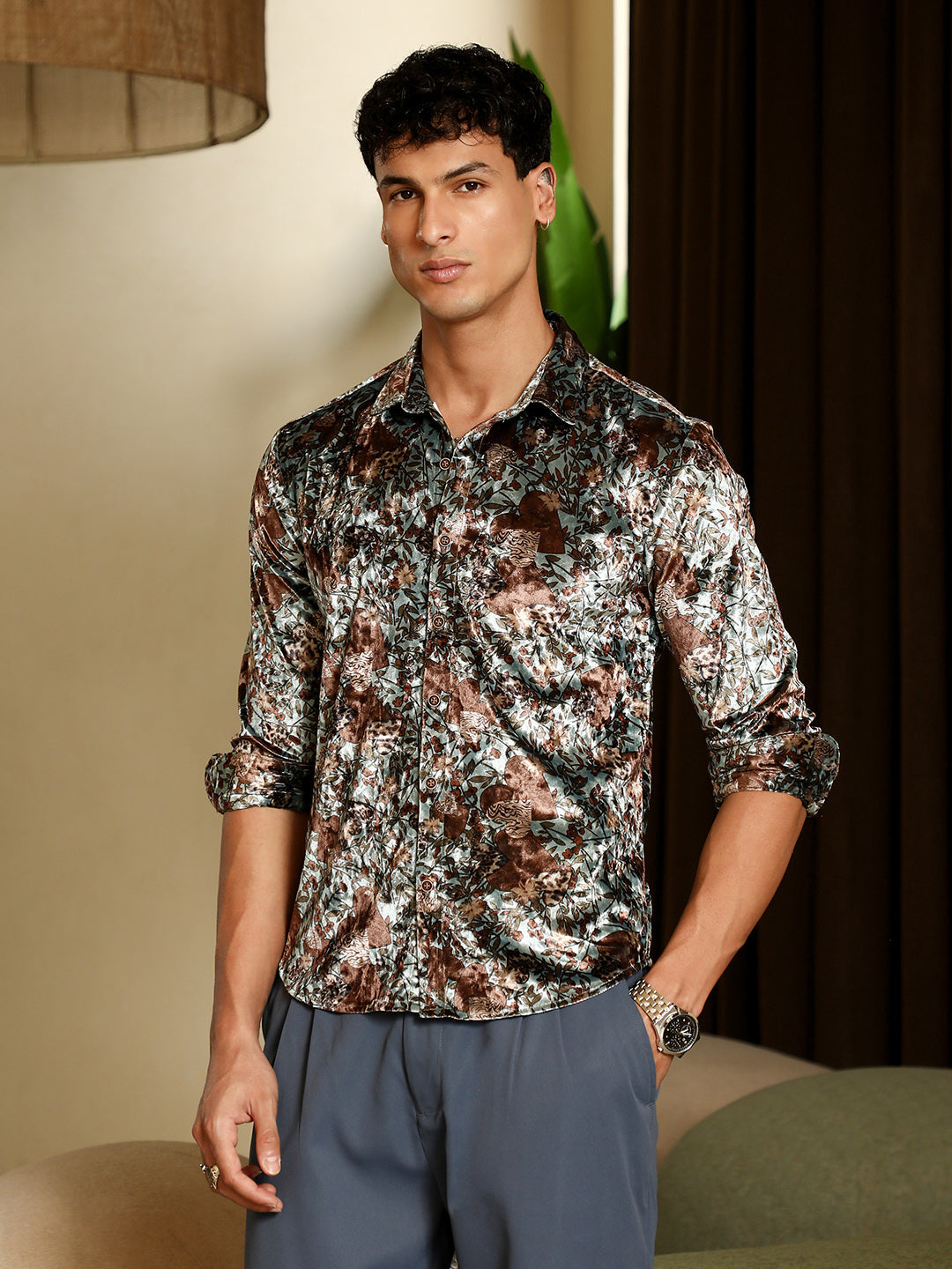 Botanical-Cluster Imprint Velvet Shirt