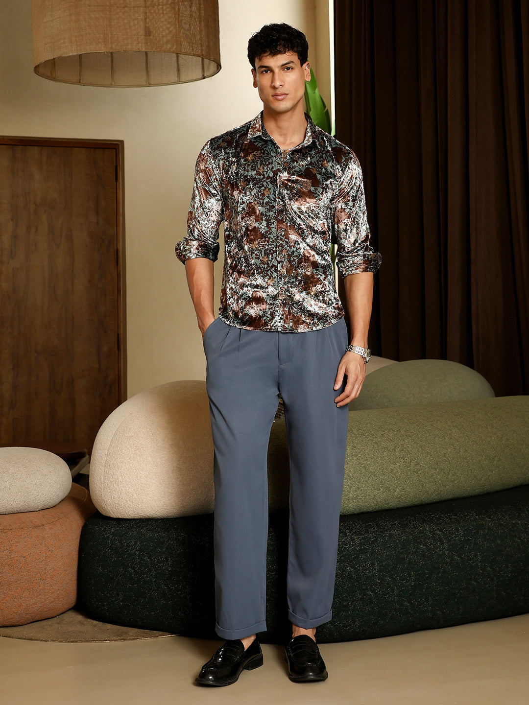 Botanical-Cluster Imprint Velvet Shirt