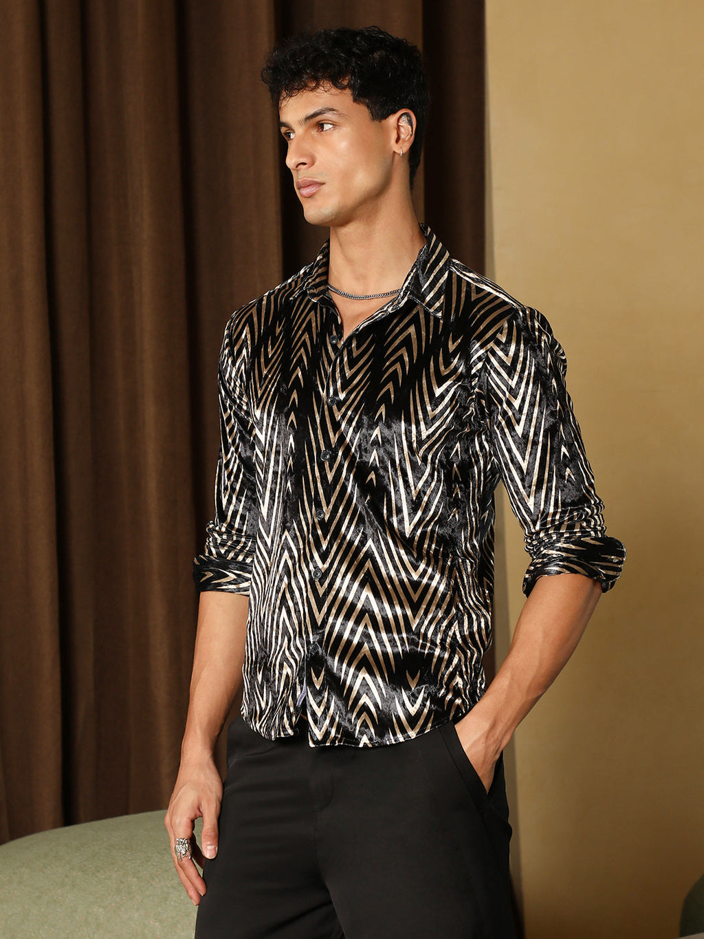 Metallic-Chevron Imprint Velvet Shirt
