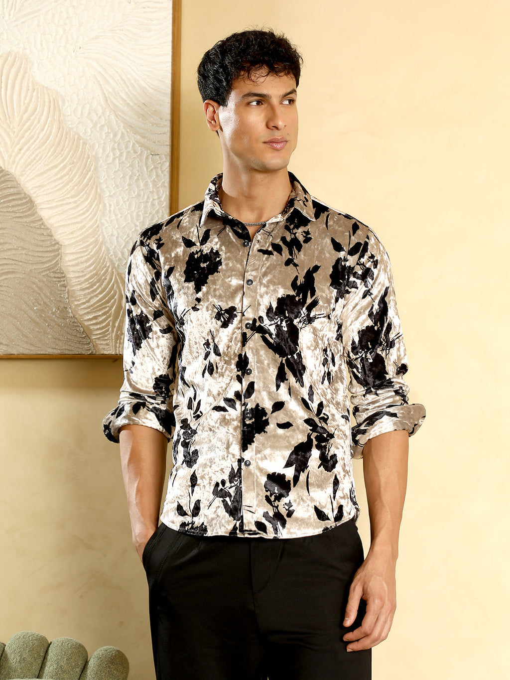 Contrast-Botanical Imprint Velvet Shirt