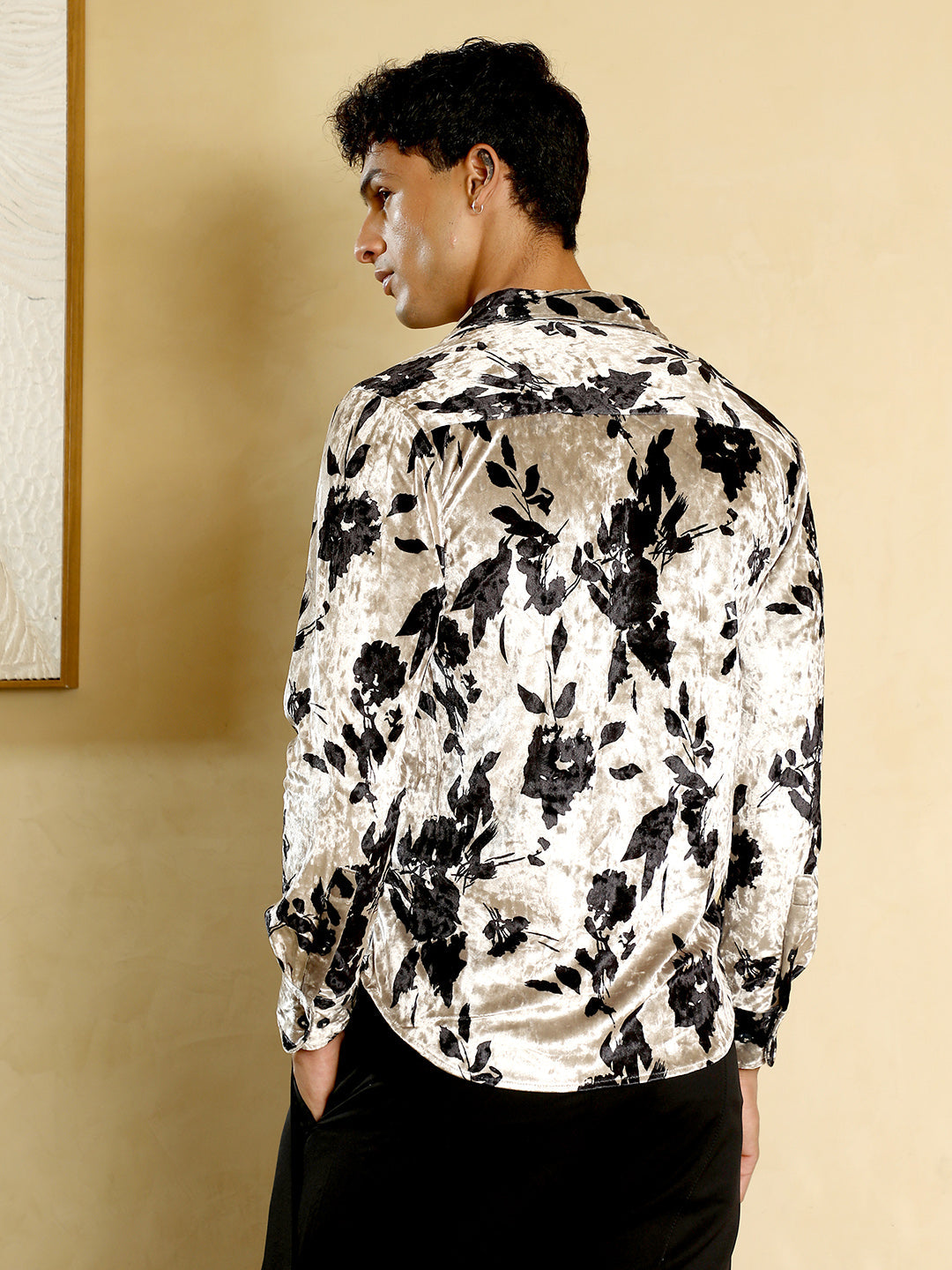 Contrast-Botanical Imprint Velvet Shirt