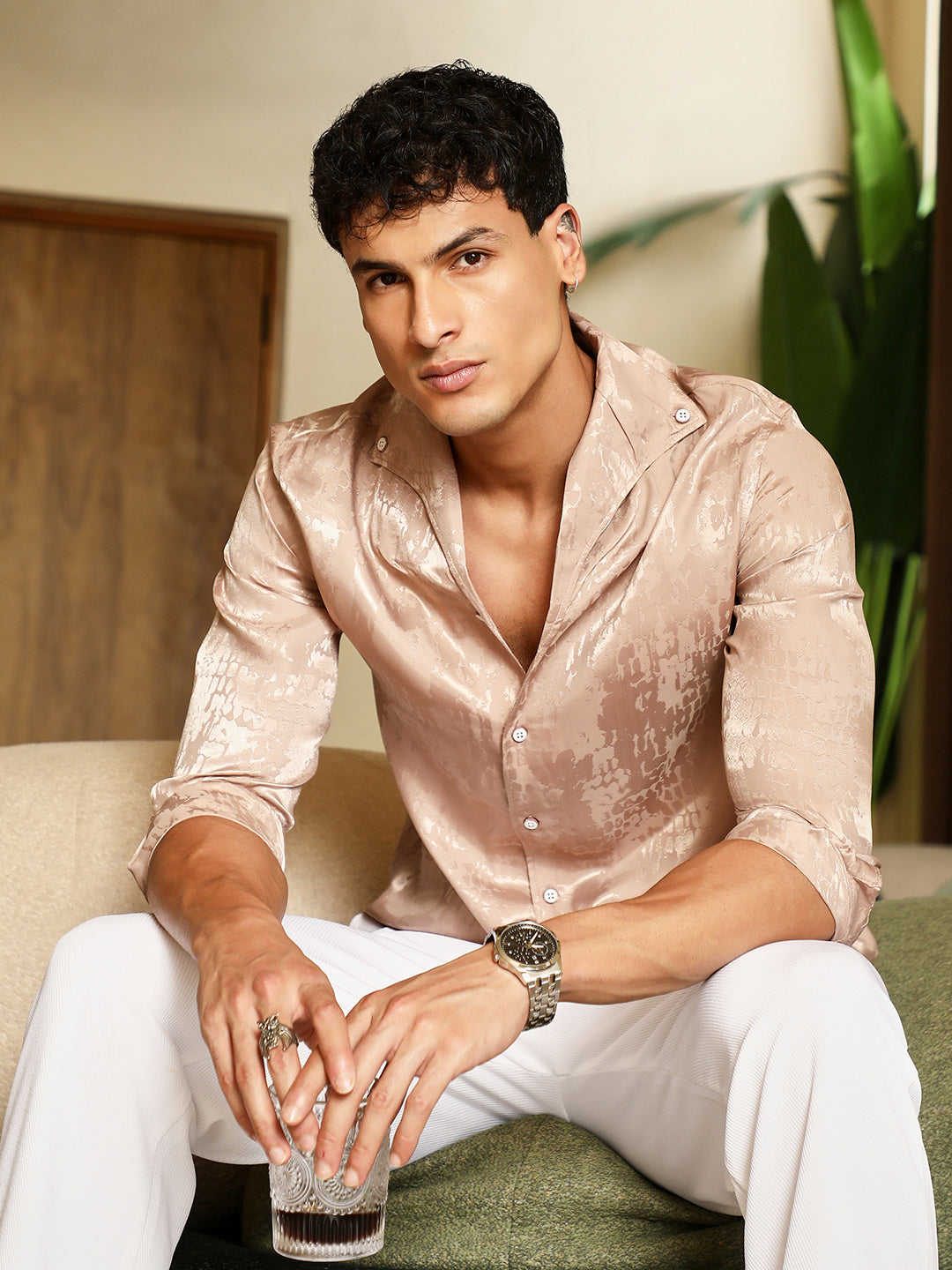 Droplet-Jacquard Satin Shirt