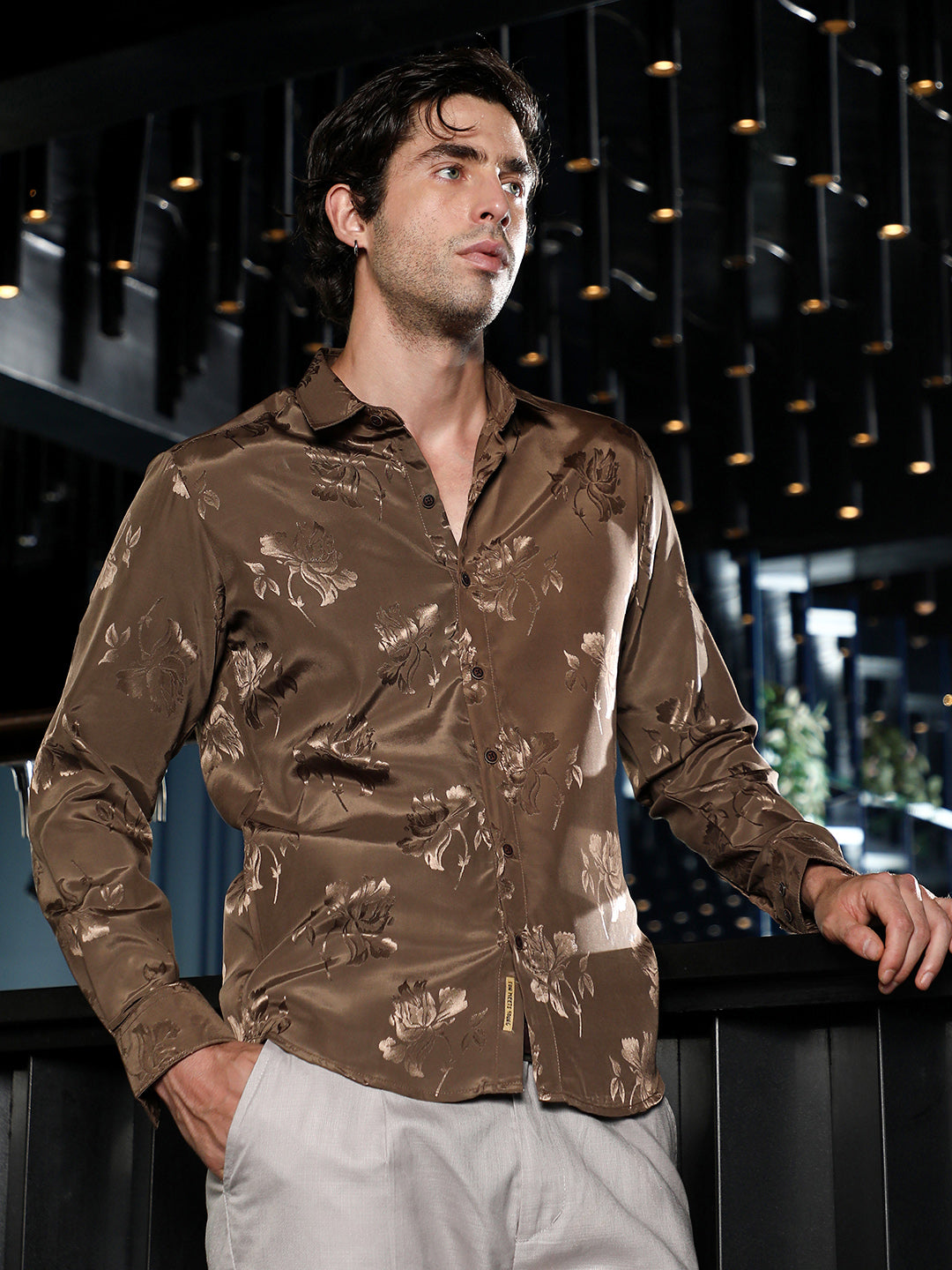₹999 | Men's Coffee Brown Roses Jacquard Satin Shirt | Floral
