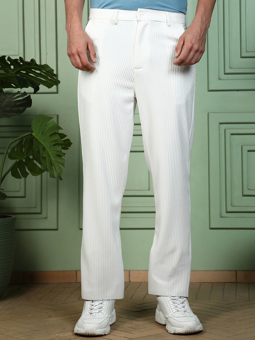 Tactile-Striped Straight Trousers