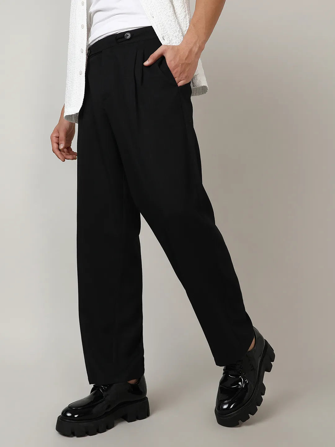 Campus Sutra men's Onyx Black Solid Tailored Trousers - Campussutra