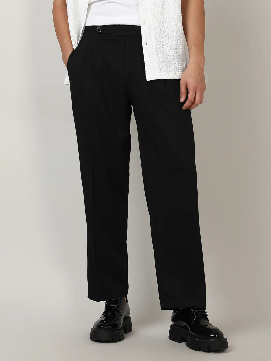 Campus Sutra men's Onyx Black Solid Tailored Trousers - Campussutra