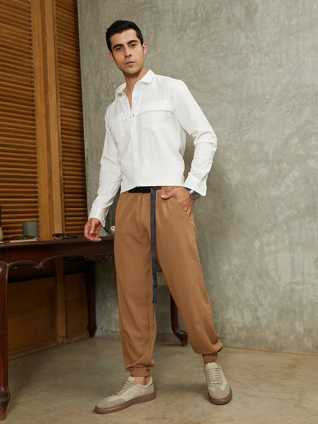 Solid Belted Cargo Pants