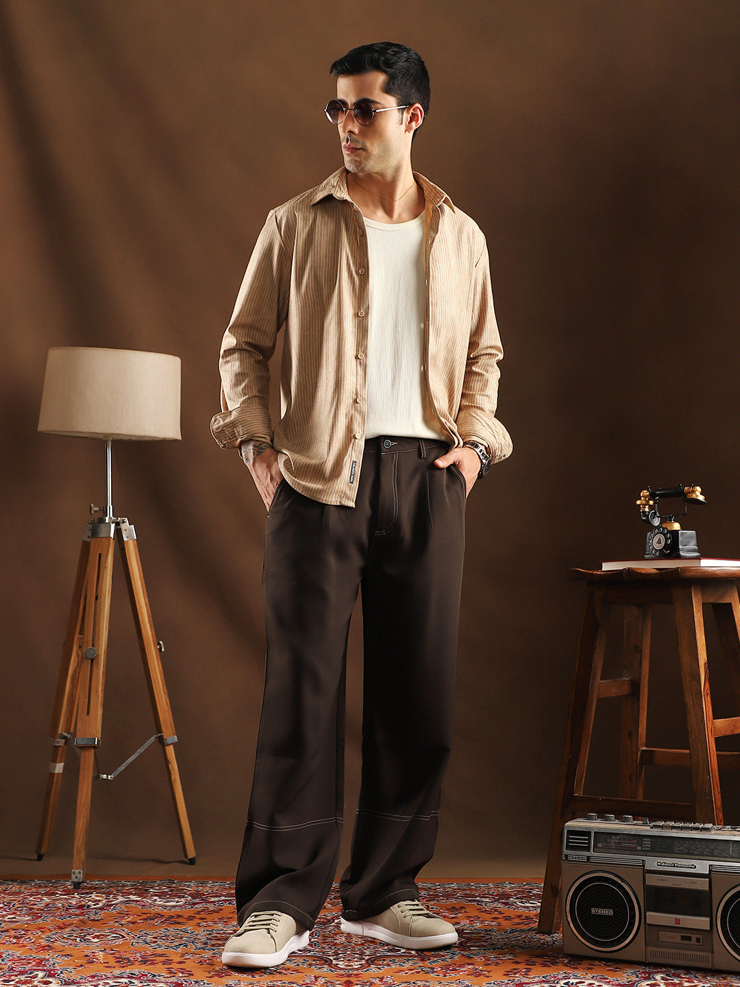 Contrast-Stitch Straight Trousers