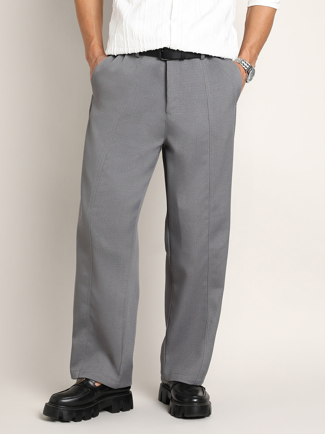 999 | Campus Sutra Men's Light Weight Moon Grey Relaxed-Panel Tailored Trousers - Campussutra 999 | Campus Sutra Men's Light Weight Moon Grey Relaxed-Panel Tailored Trousers - Campussutra