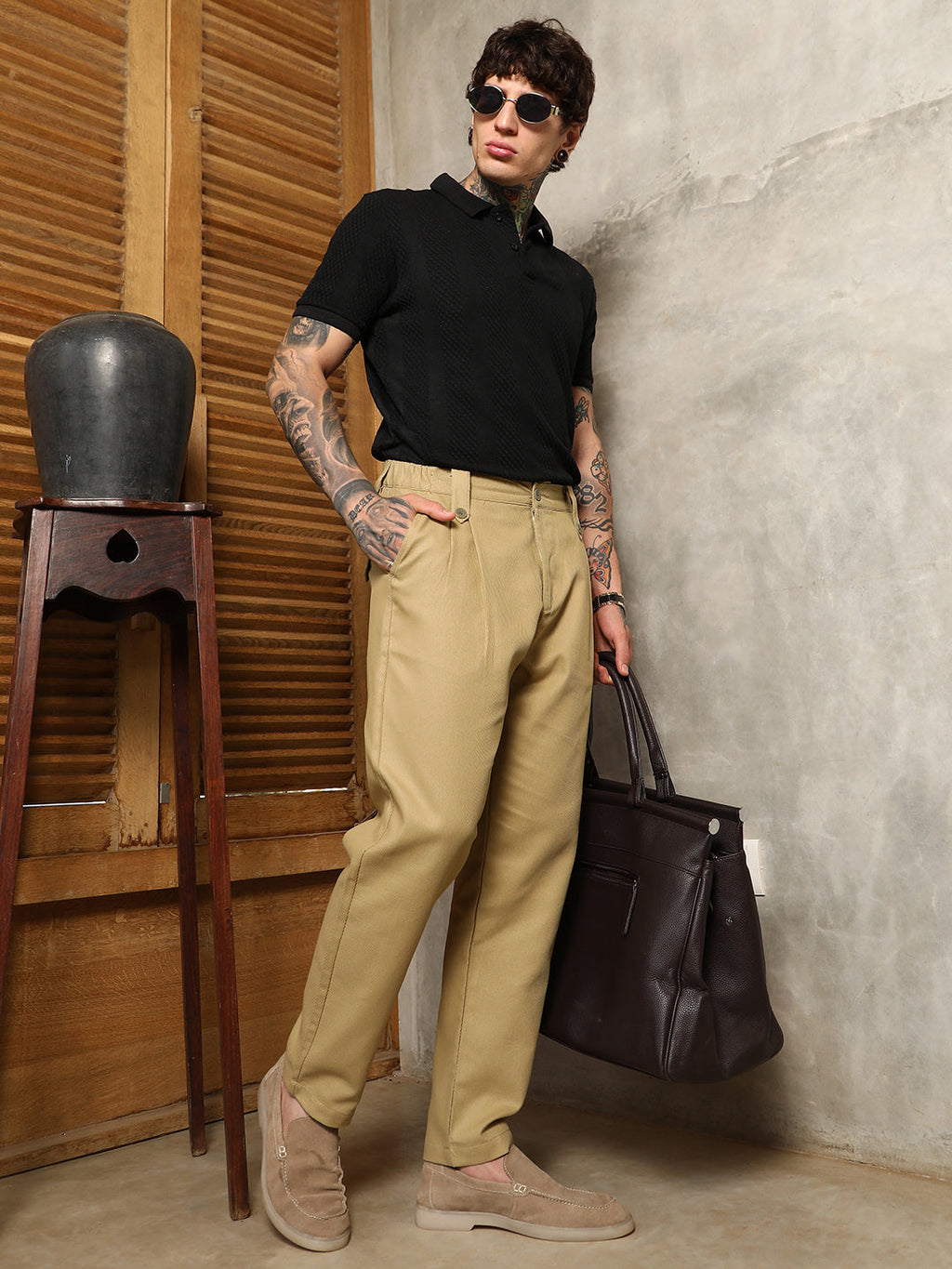Ribbed-Pleated Chino Trousers