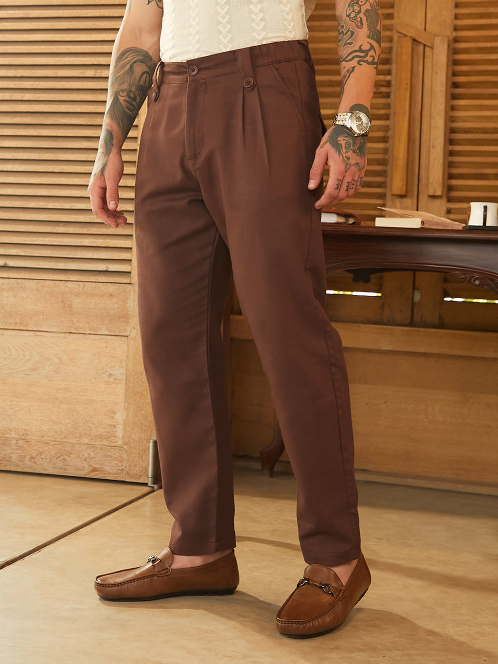 Ribbed-Pleated Chino Trousers