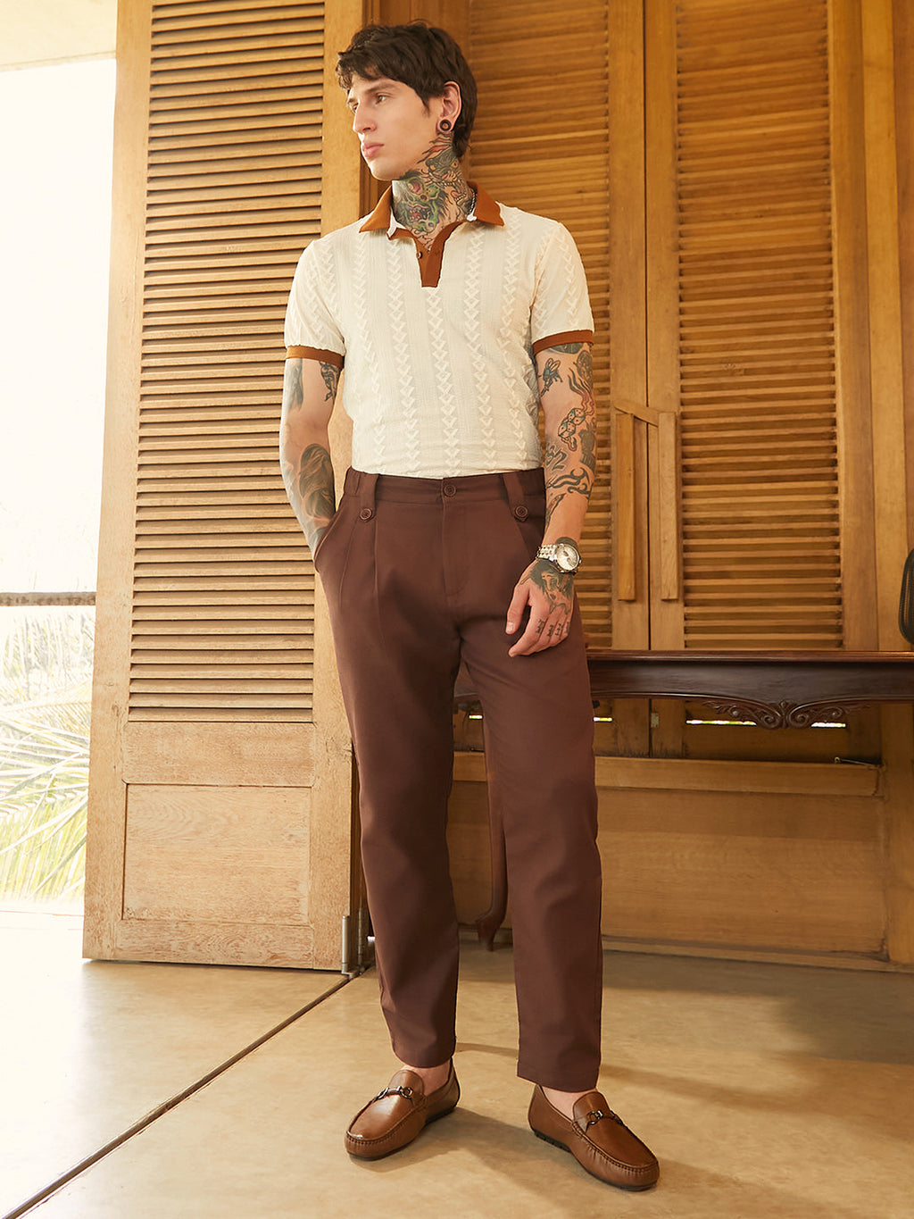 Ribbed-Pleated Chino Trousers
