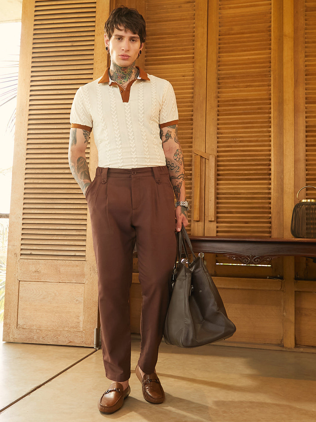 Ribbed-Pleated Chino Trousers