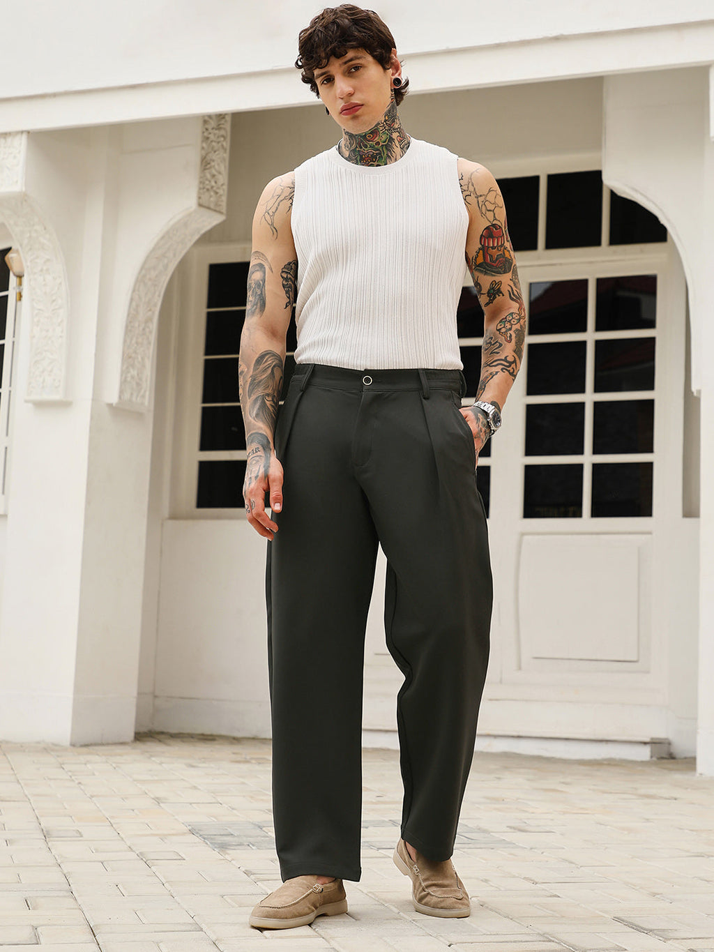 Pleated-Straight Tailored Trousers