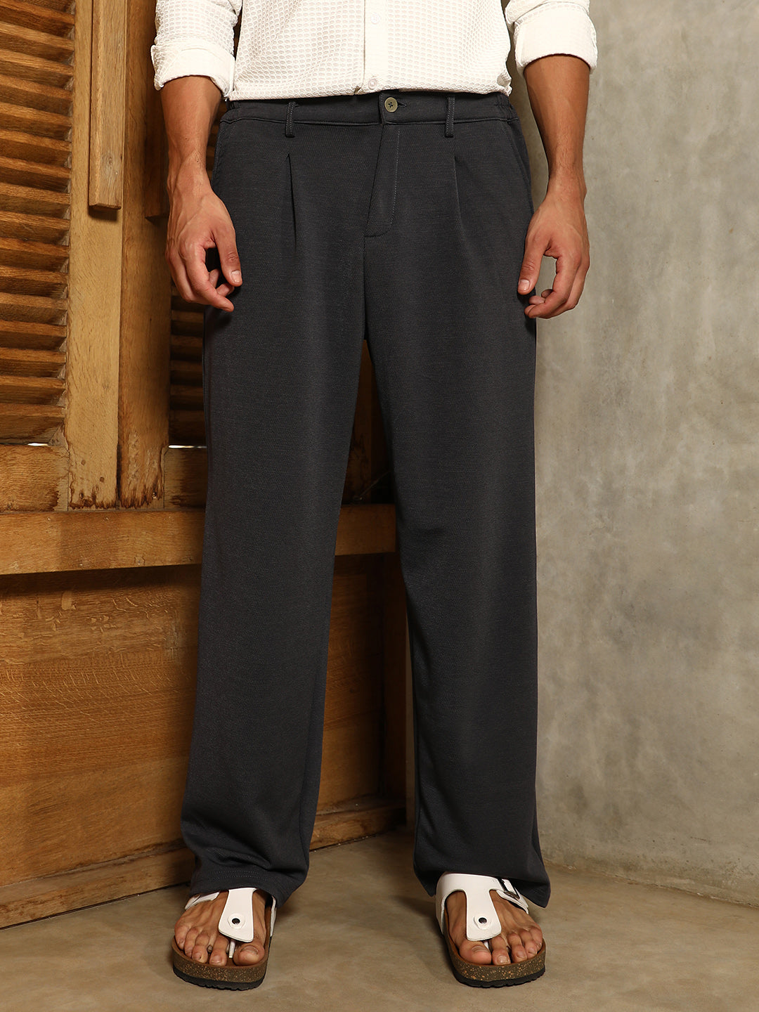 Micro-Waffle Straight-Leg Trousers