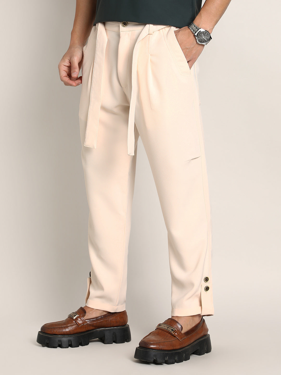 ₹999 Campus Sutra Men's Daisy White Roll-Up Trousers Campussutra