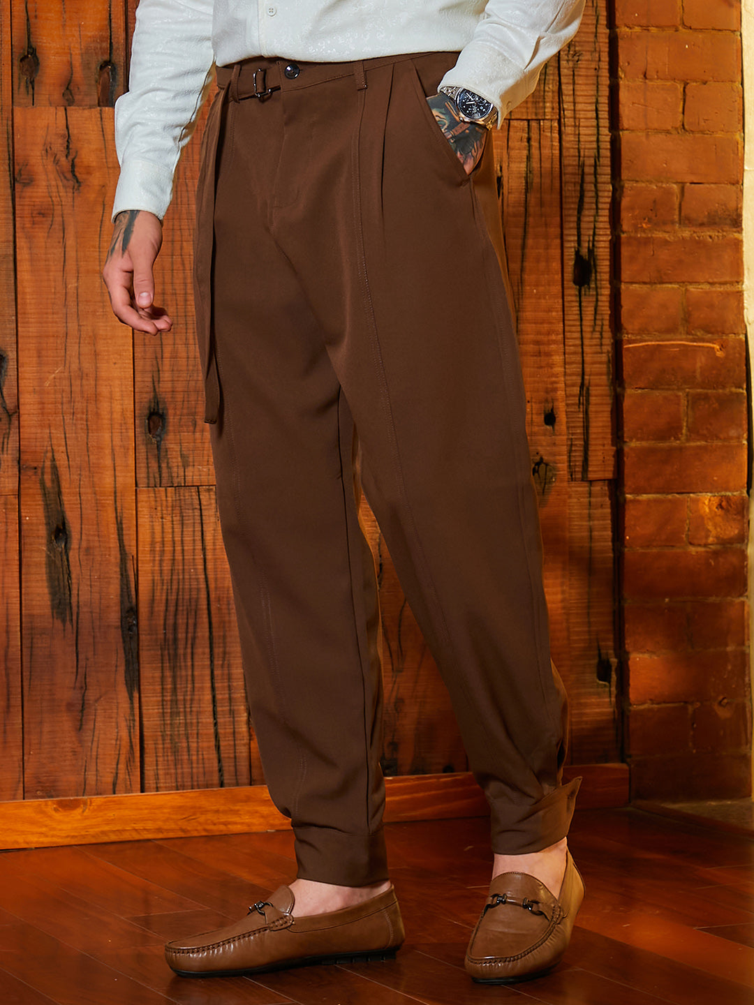 ₹999 | Campus Sutra Mens's Russet Brown Panelled Gurkha Trousers