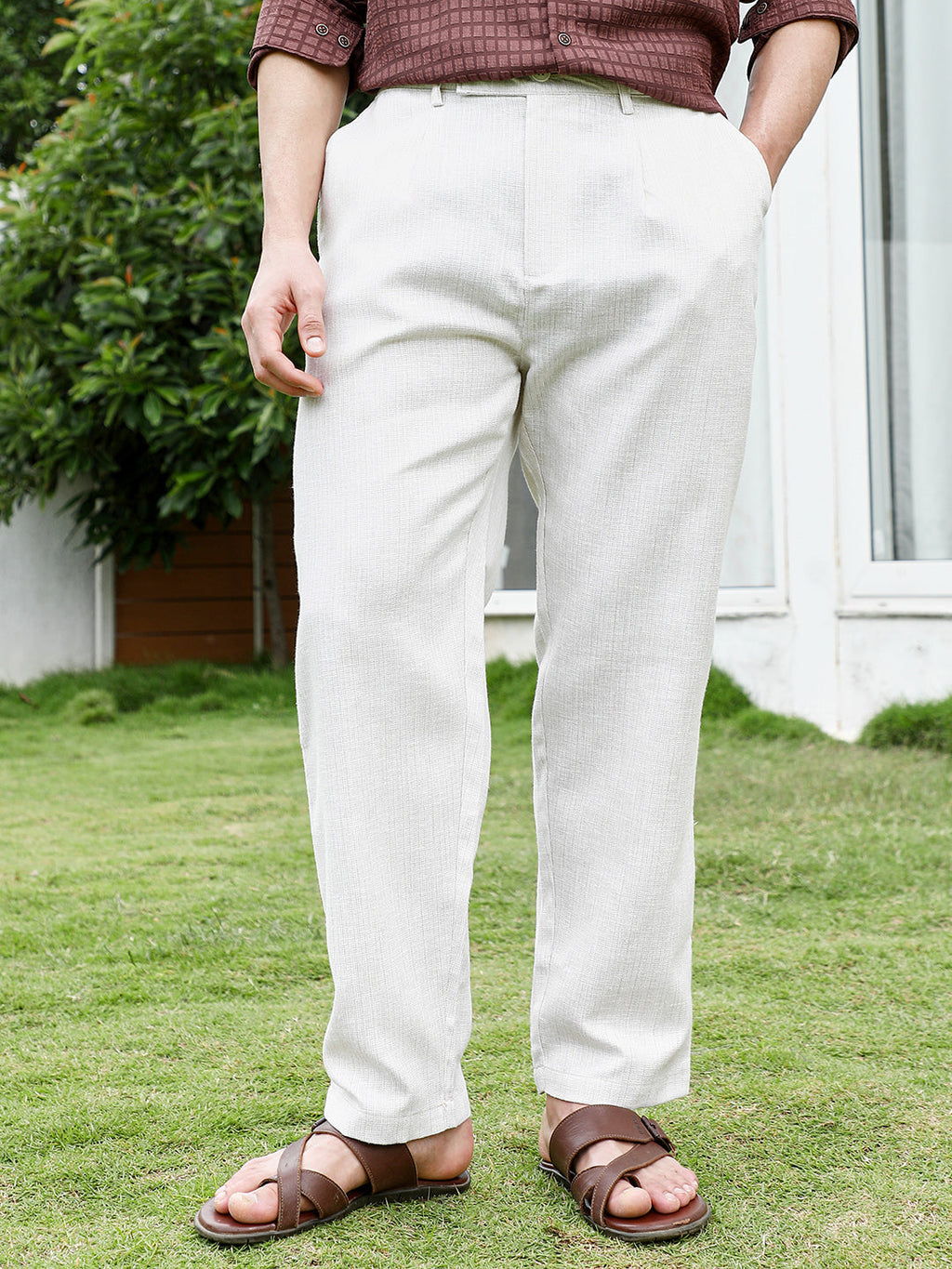 Lightweight - Off White Textured Trousers