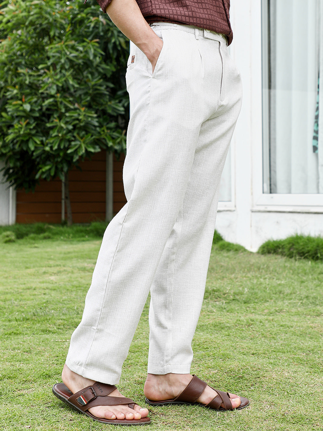 Lightweight - Off White Textured Trousers