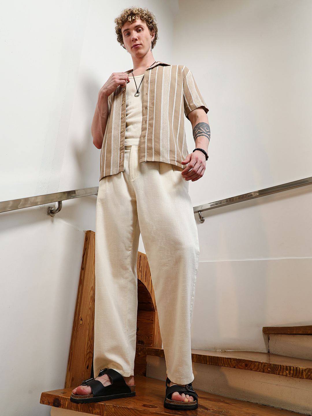 Lightweight - Cream Cotton Relaxed Fit Trousers