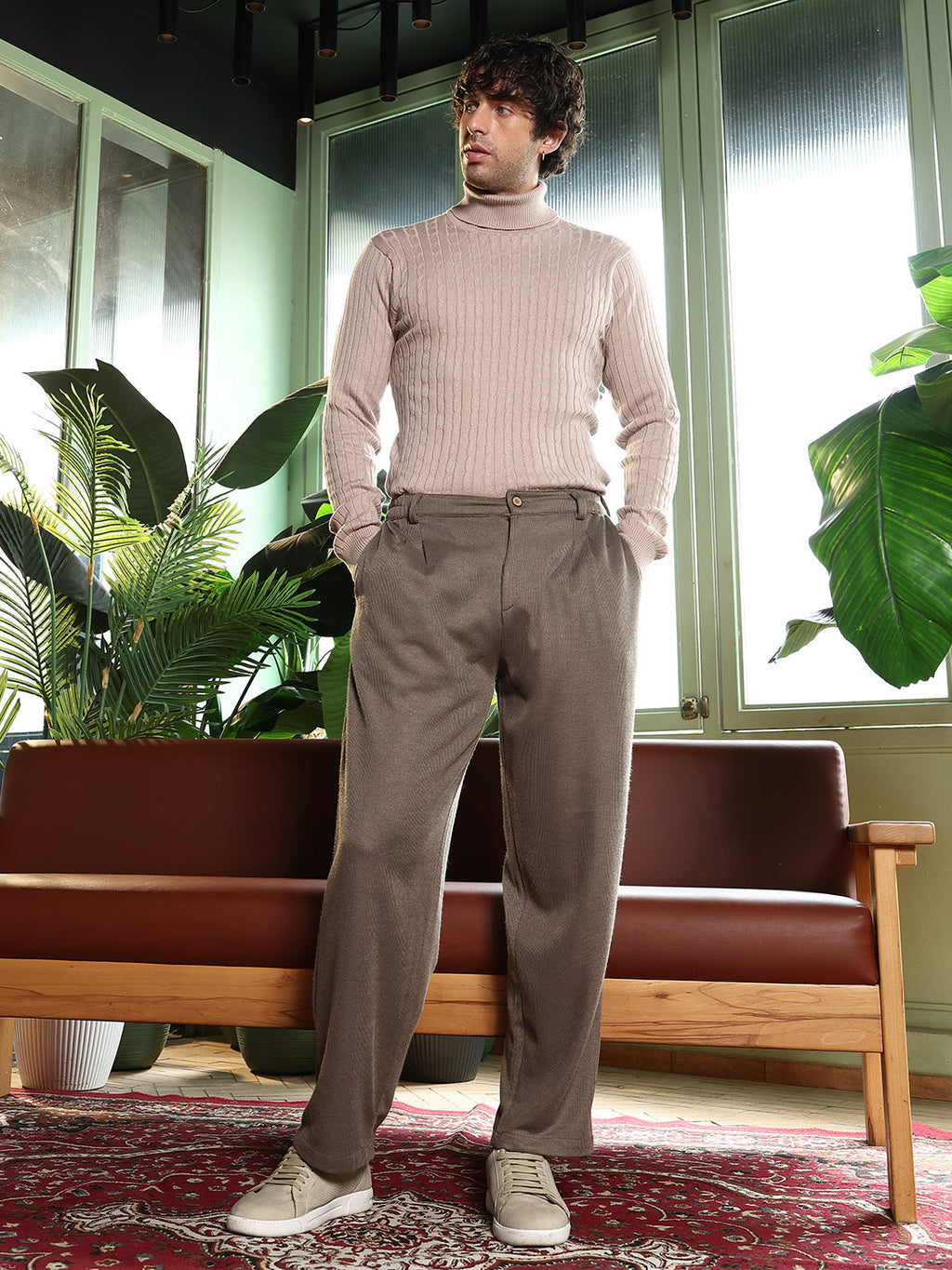 Pleated-Ribbed Trousers