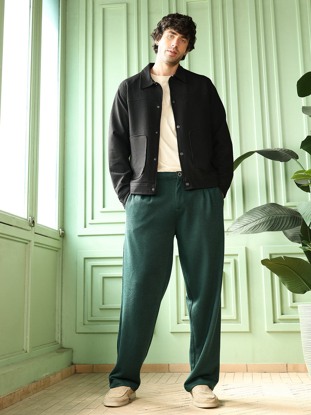 Pleated-Ribbed Trousers