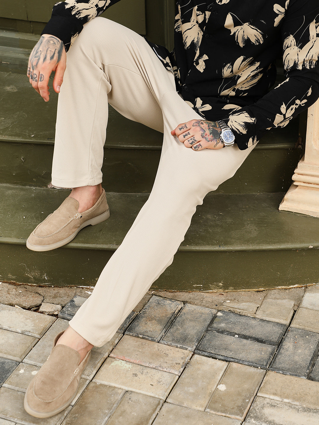 Textured Extended-Waistband Trousers