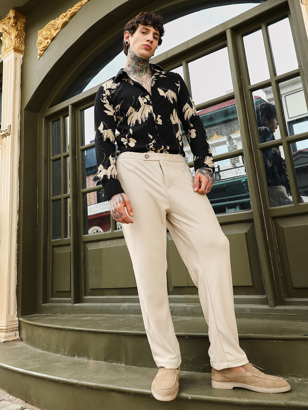 Textured Extended-Waistband Trousers