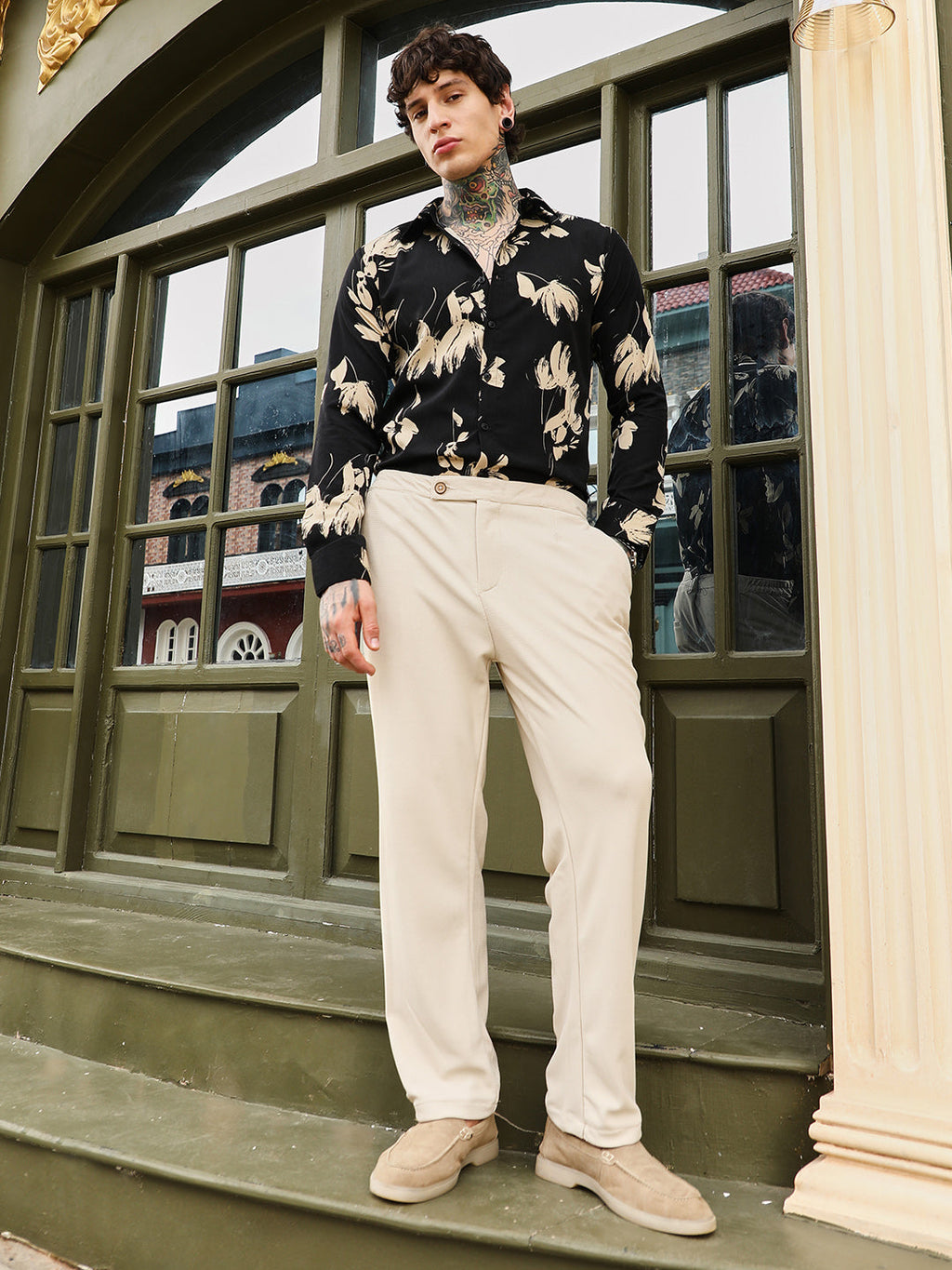 Textured Extended-Waistband Trousers