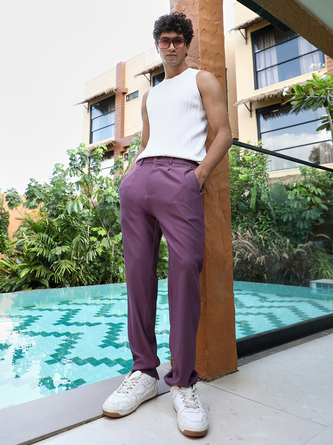 Textured-Pleated Tailored Trousers