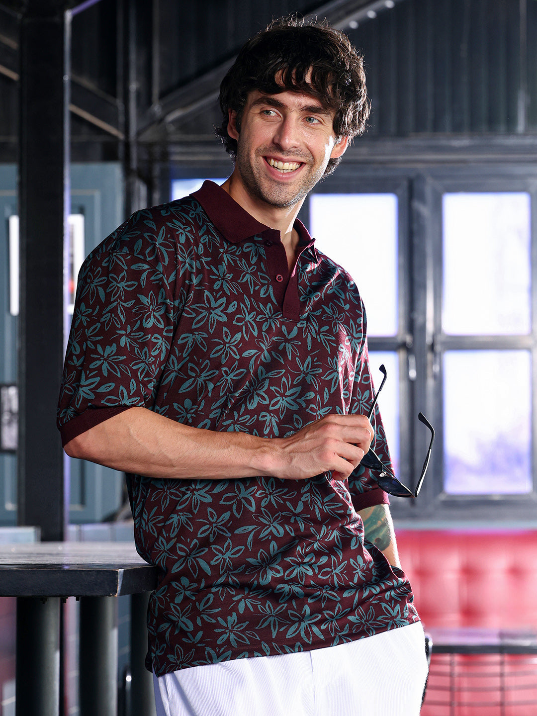 ₹849 Campus Sutra Men's Maroon Red Floral-Jacquard Polo T-Shirt