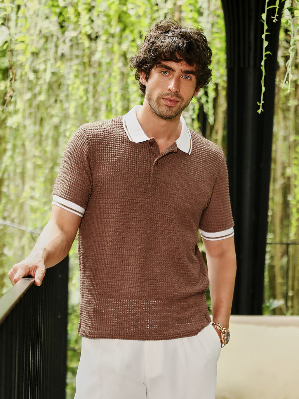 Contrast-Knit Polo T-Shirt