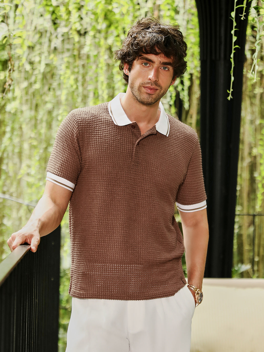 Contrast-Knit Polo T-Shirt