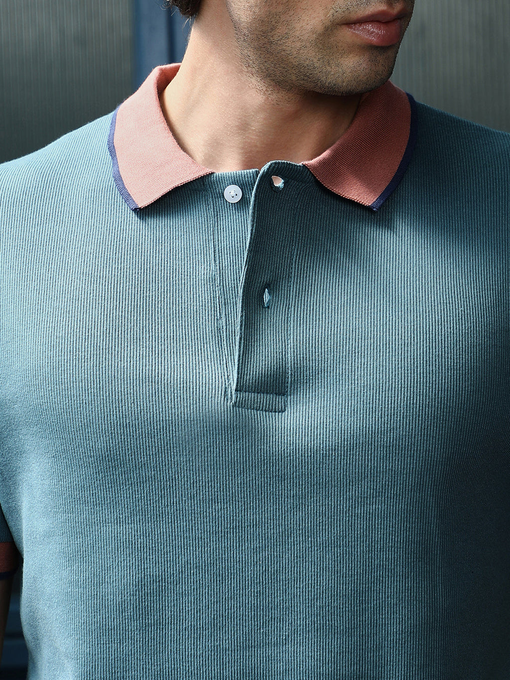 Contrast-Ribbed Polo T-Shirt