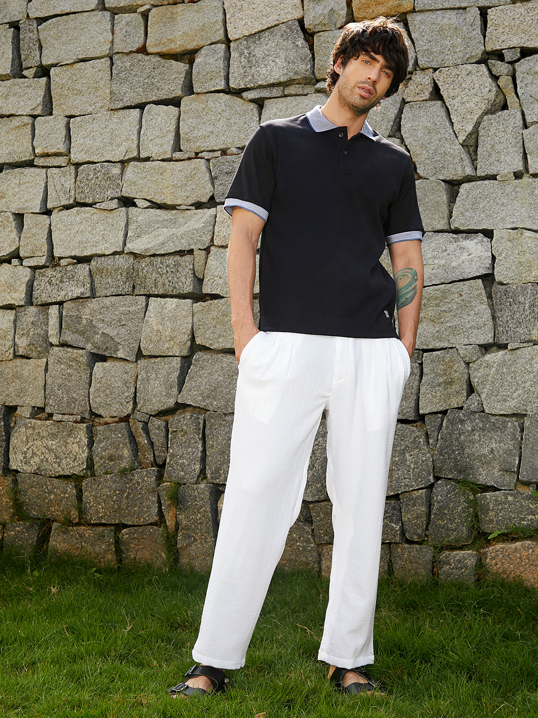 Contrast-Ribbed Polo T-Shirt
