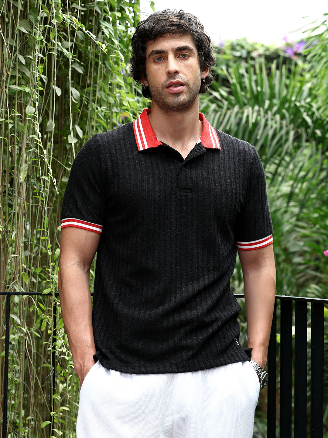 Contrast Vine-Tactile Polo T-Shirt