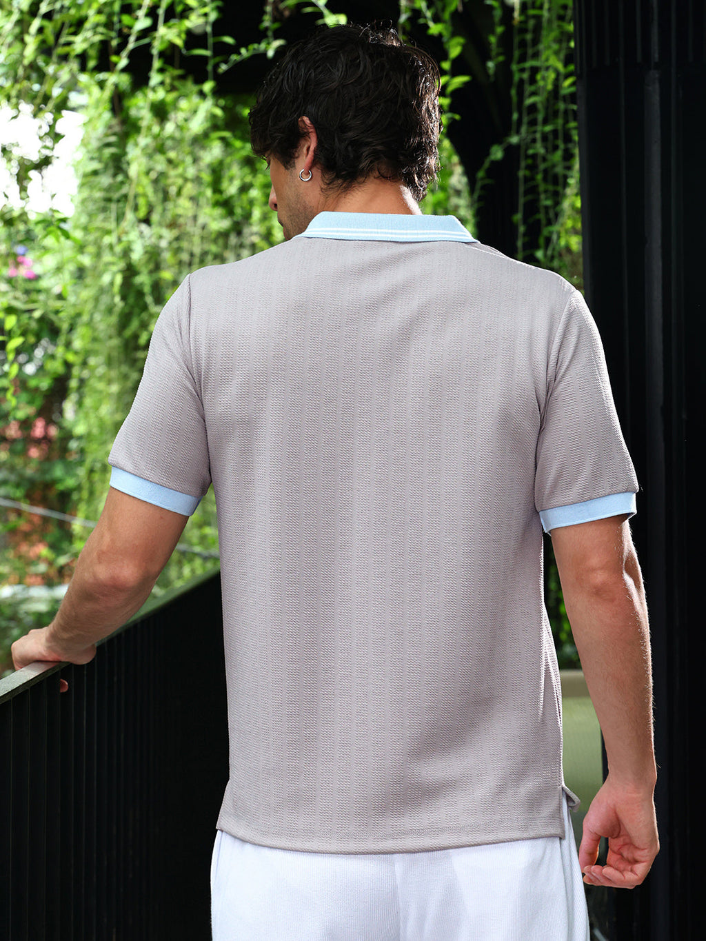 Chevron Panel-Tactile Knit Polo T-Shirt