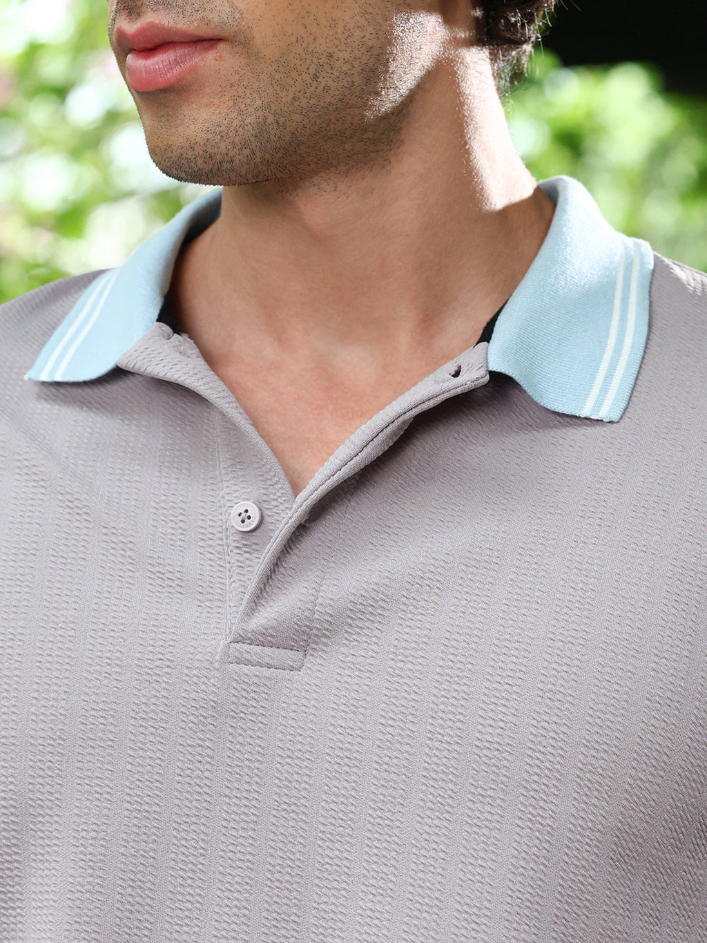 Chevron Panel-Tactile Knit Polo T-Shirt