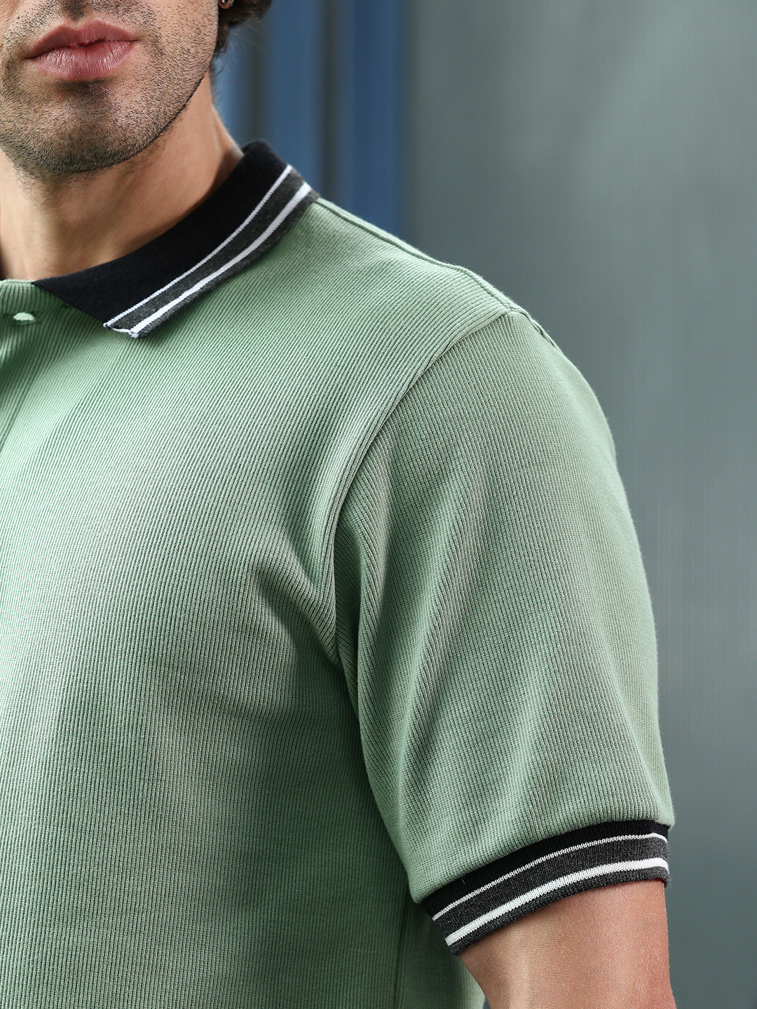 Contrast-Lined Ribbed Polo T-Shirt