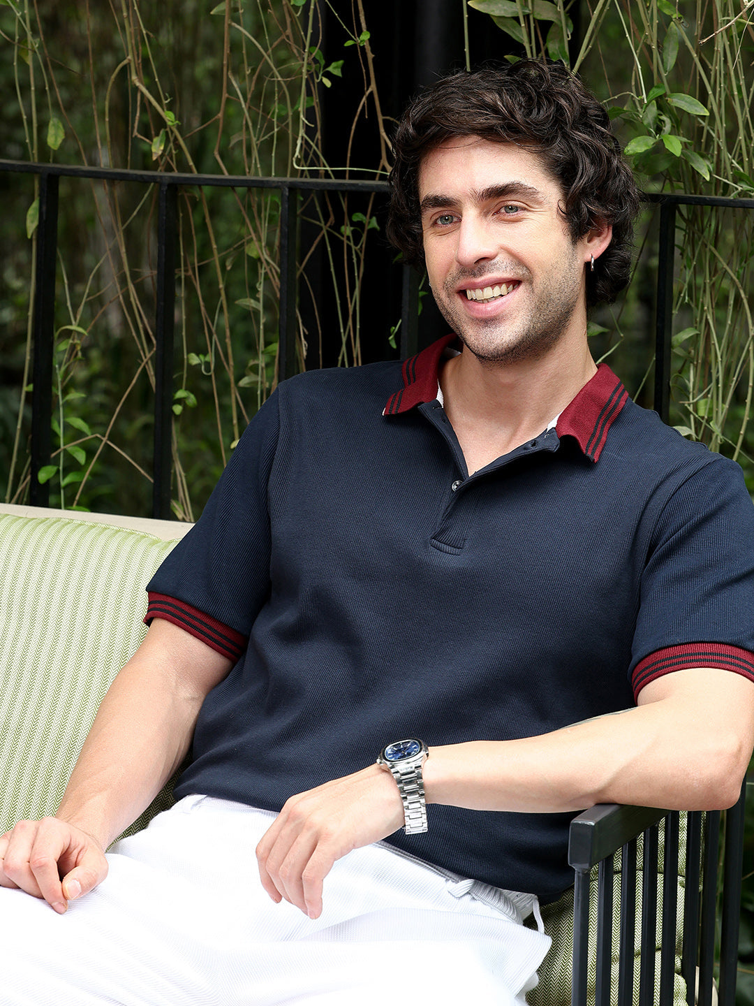 Contrast-Lined Ribbed Polo T-Shirt