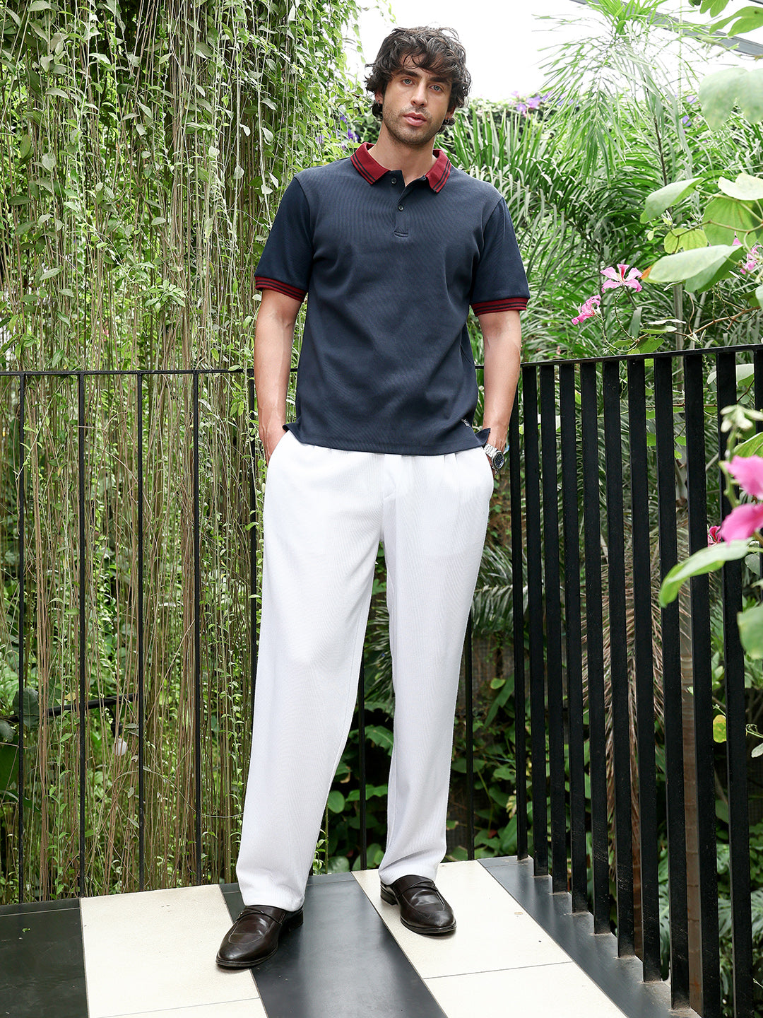 Contrast-Lined Ribbed Polo T-Shirt