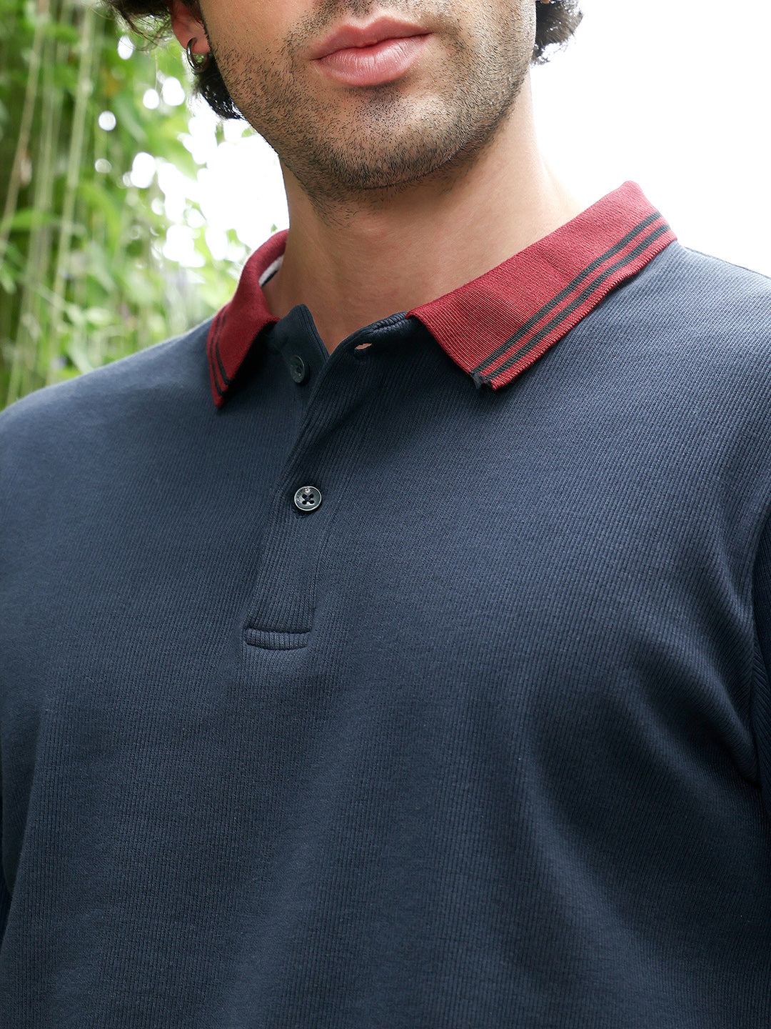 Contrast-Lined Ribbed Polo T-Shirt