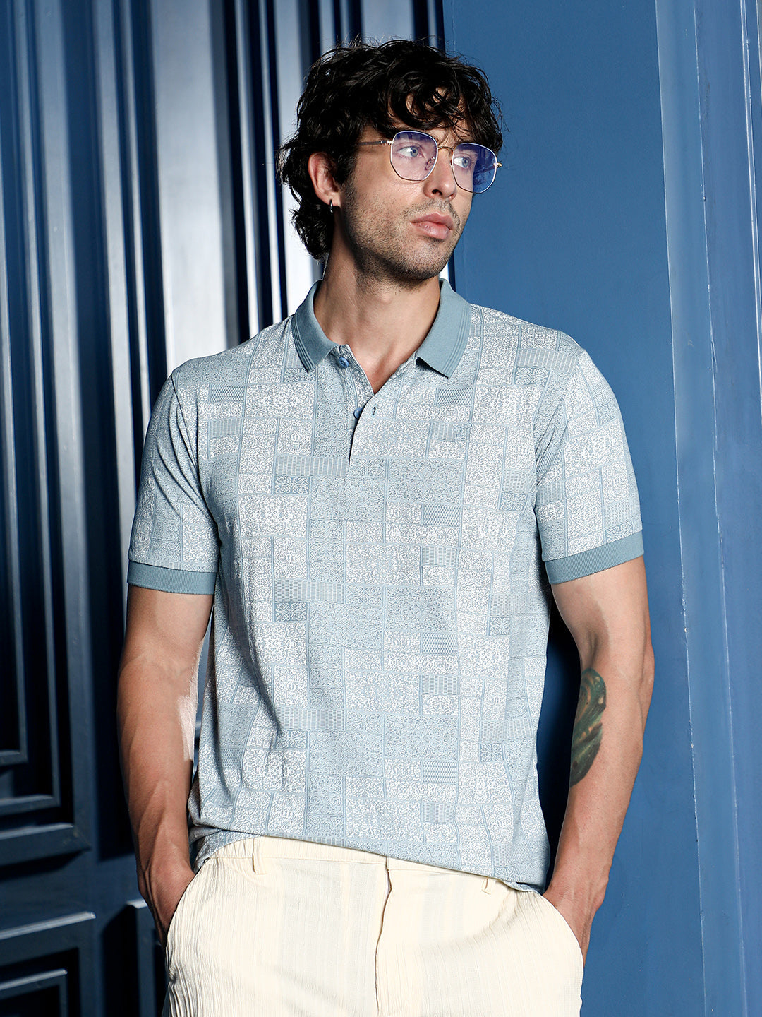 Lattice-Geometric Jacquard Polo T-Shirt