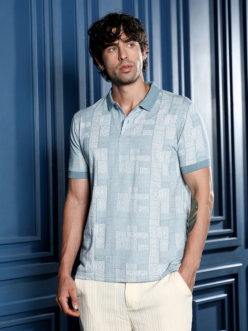 Lattice-Geometric Jacquard Polo T-Shirt