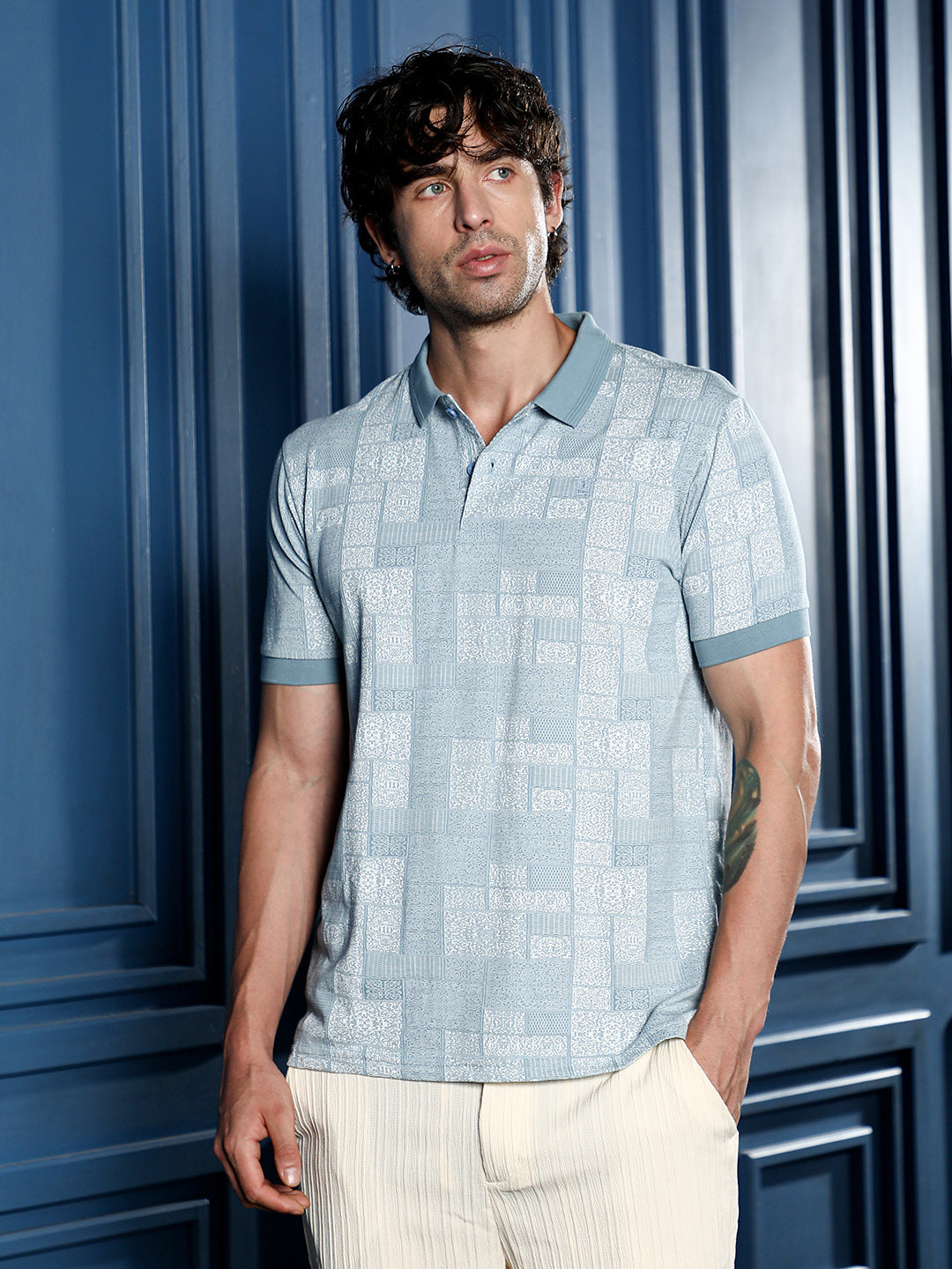 Lattice-Geometric Jacquard Polo T-Shirt