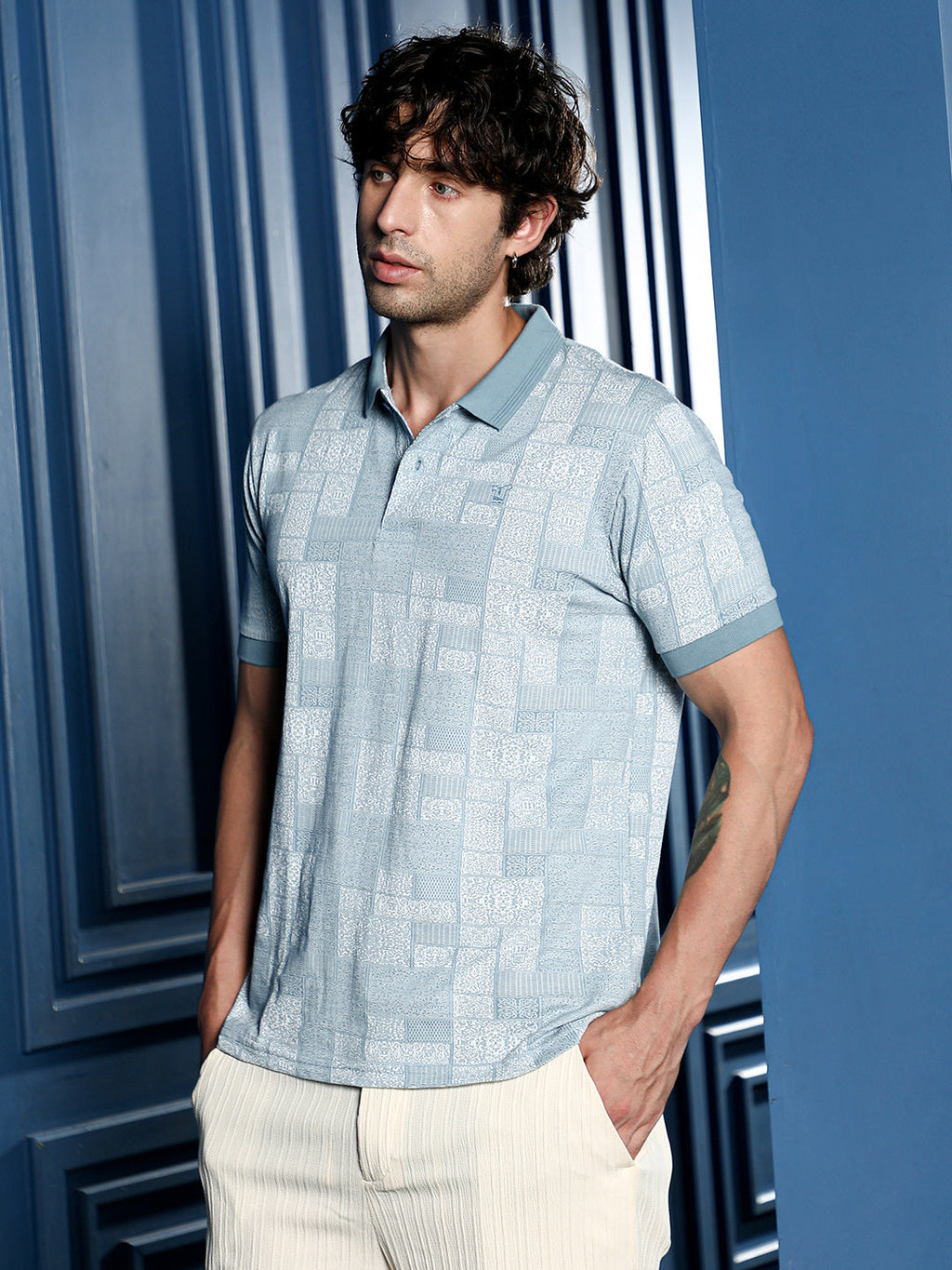 Lattice-Geometric Jacquard Polo T-Shirt