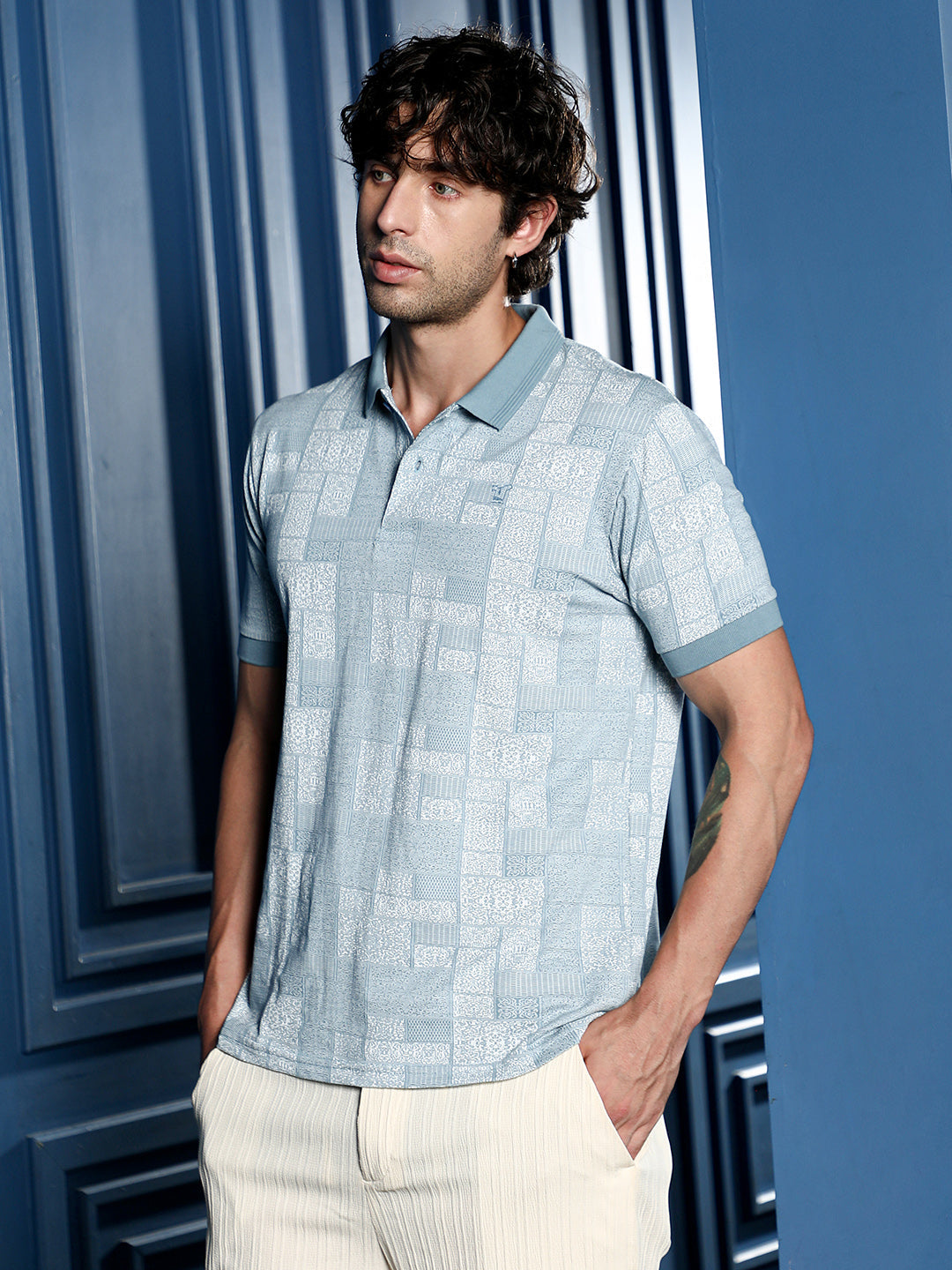 Lattice-Geometric Jacquard Polo T-Shirt